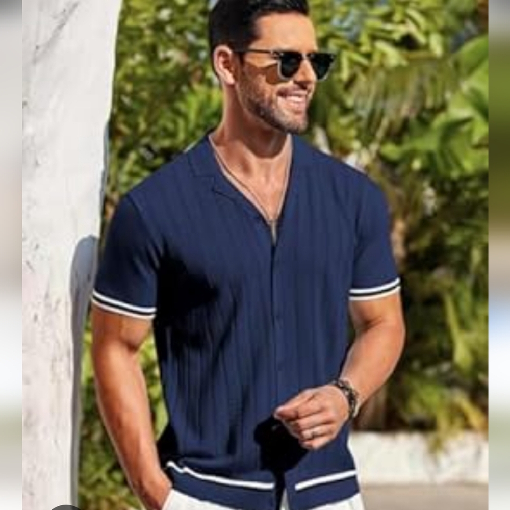 Men's Navy Casual Button Down Shirt - Picture 2 of 7